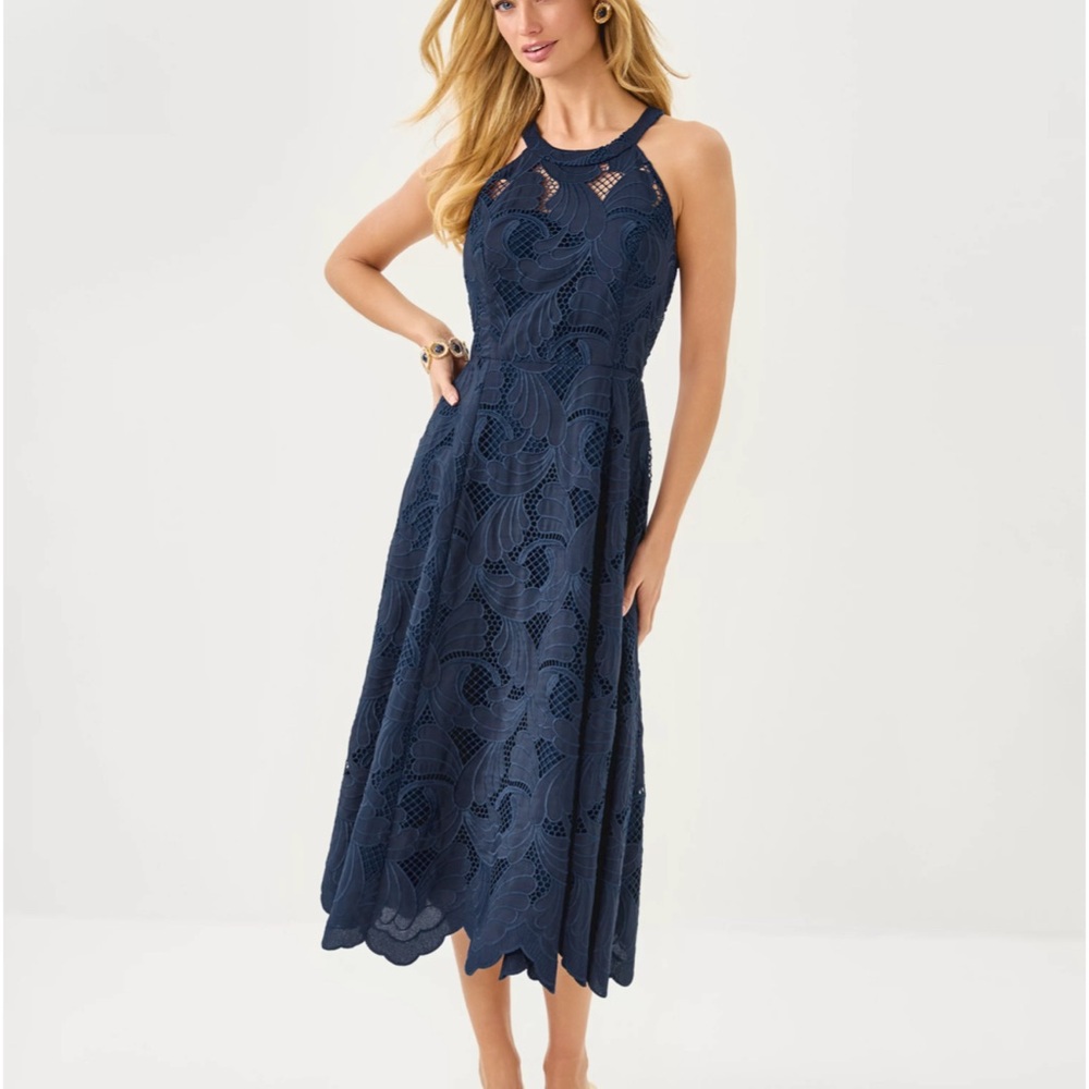 NWT Lilly Pulitzer Denise Lace Halter Midi Dress, Navy Blue, size 10